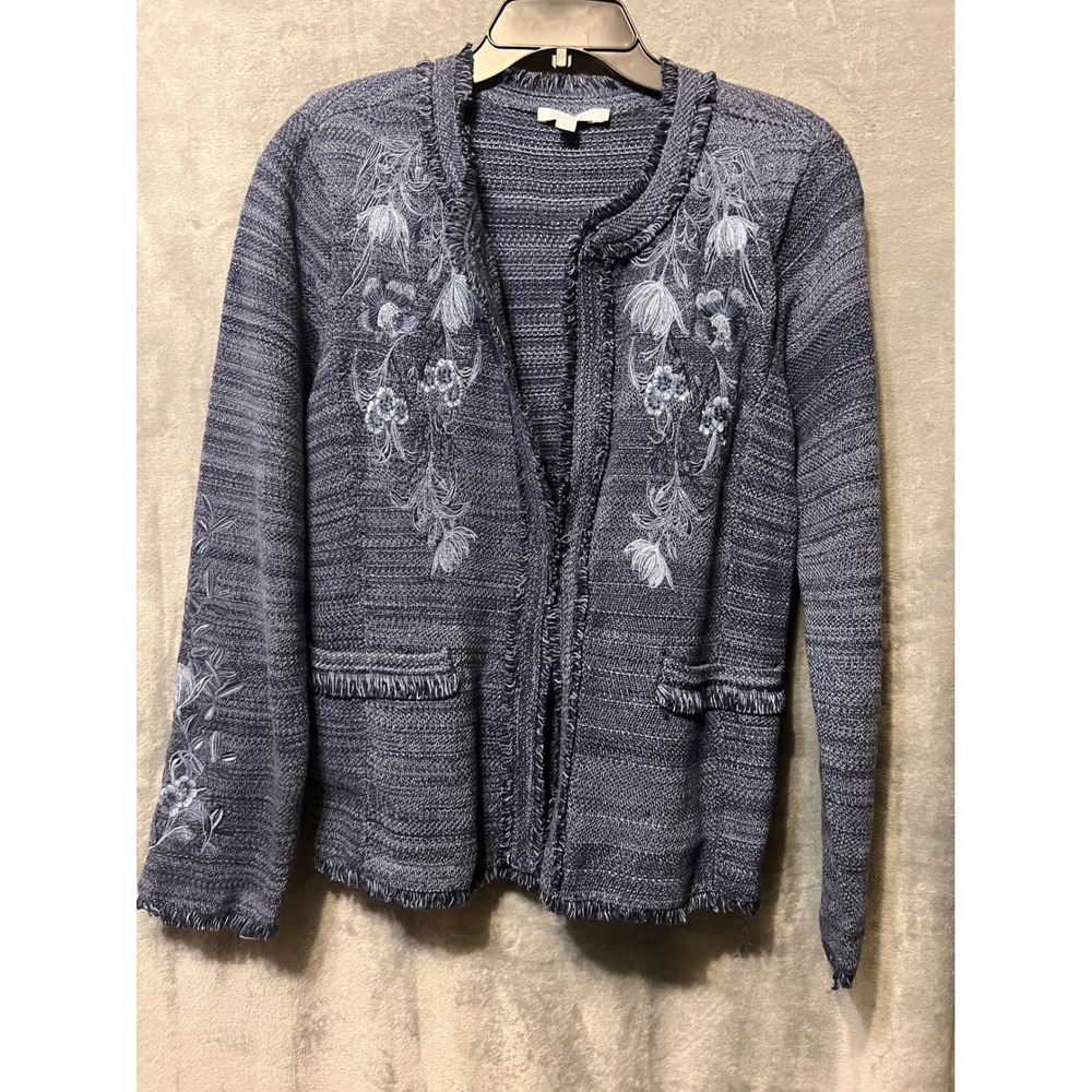 Chicos Blue Embroidered Cardigan L Floral Fringe Open Front Boho Artsy Jacket